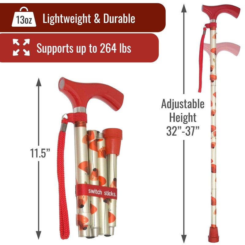 Switch Sticks Walking Cane for Men or Women, Foldable and Adjustable from 32-37 Inches, FSA and HSA Eligible, Poppies - Image 4