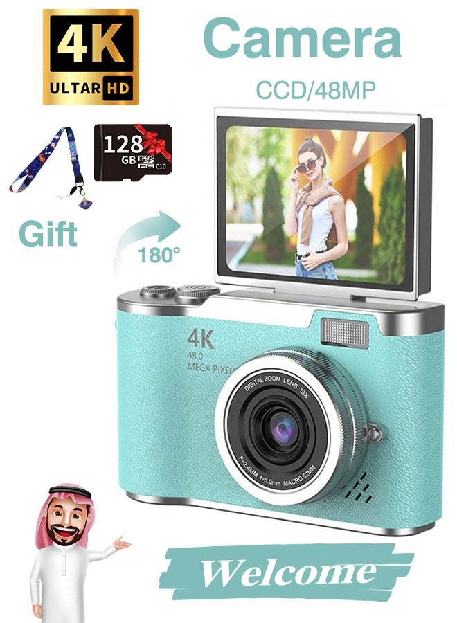 Digisand Digital Camera with 128G SD Card 4K CCD Digital Zoom Student Digital Camera 48MP Portable Photography Camera 180° Flip Screen Selfie Camera, Free Gift Lanyard and Cartoon Stickers - Image 1