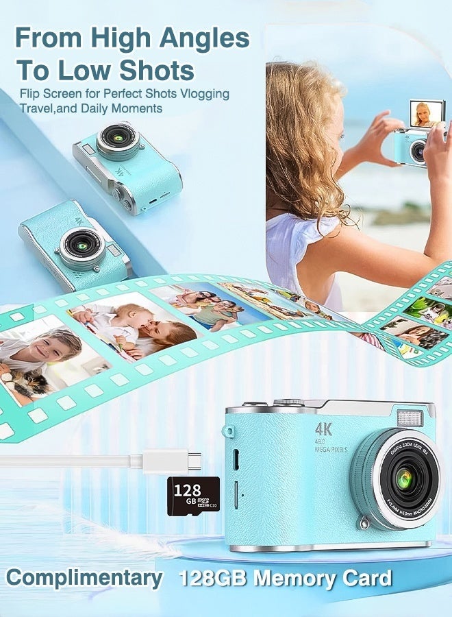 Digisand Digital Camera with 128G SD Card 4K CCD Digital Zoom Student Digital Camera 48MP Portable Photography Camera 180° Flip Screen Selfie Camera, Free Gift Lanyard and Cartoon Stickers - Image 3