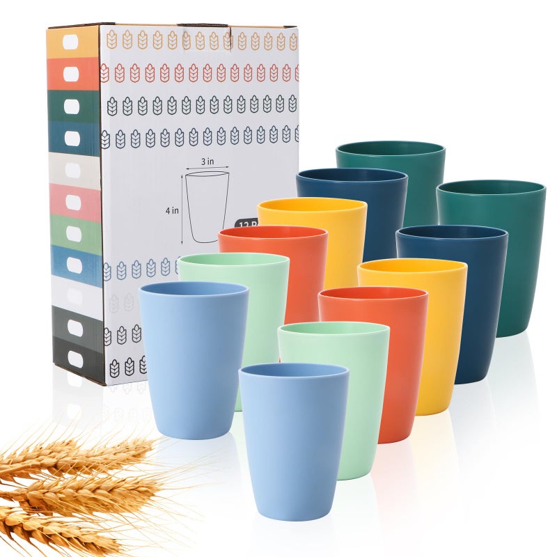 Lazycorner Wheat Straw Cup 12 Pcs Drinking Glasses Unbreakable Drinking Cup Reusable Water Plastic Glasses Tumblers with 6 Colors 12 oz - Image 2