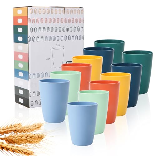 Lazycorner Wheat Straw Cup 12 Pcs Drinking Glasses Unbreakable Drinking Cup Reusable Water Plastic Glasses Tumblers with 6 Colors 12 oz - Image 1