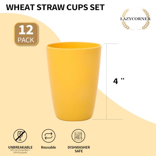 Lazycorner Wheat Straw Cup 12 Pcs Drinking Glasses Unbreakable Drinking Cup Reusable Water Plastic Glasses Tumblers with 6 Colors 12 oz - Image 3