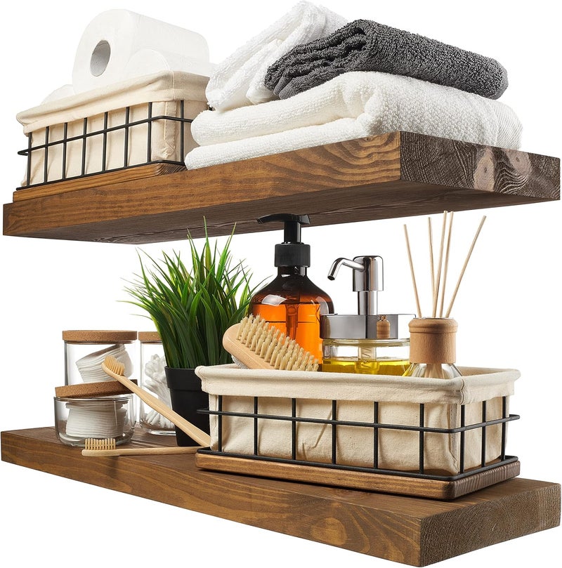 BAOBAB WORKSHOP Wood Floating Shelves Set of 2 - Rustic Shelf 24 inch - Floating Shelf for Wall Mounted - Wide Wooden Wall Shelves for Living Room Bedroom Kitchen Bathroom - Dark Walnut - 24W x 6.7D - Image 1