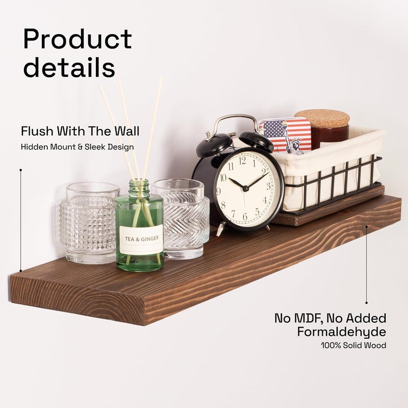 BAOBAB WORKSHOP Wood Floating Shelves Set of 2 - Rustic Shelf 24 inch - Floating Shelf for Wall Mounted - Wide Wooden Wall Shelves for Living Room Bedroom Kitchen Bathroom - Dark Walnut - 24W x 6.7D - Image 4