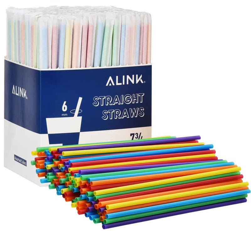 ALINK 500-Pack Assorted Colored Plastic Disposable Drinking Straws  Individually Wrapped Straight Party Straws - 7.75"" x 0.23"" - Image 1
