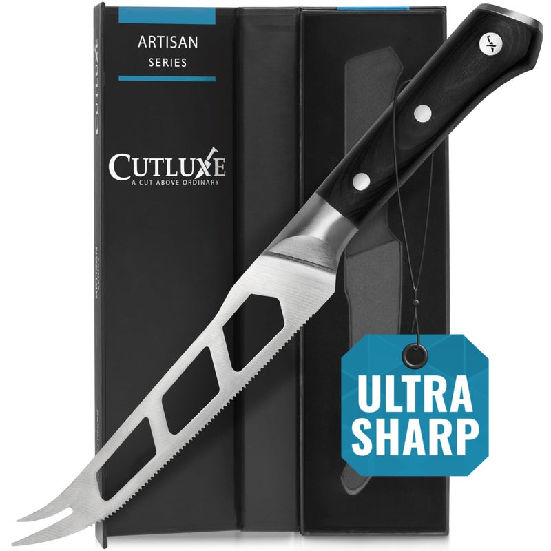 Cutluxe Cheese Knife – 5" Cheese Knife Slicer for Soft and Hard Cheese – Pronged, Serrated & Non Stick Blade – High Carbon German Steel, Full Tang & Ergonomic Handle Design – Artisan Series - Image 1