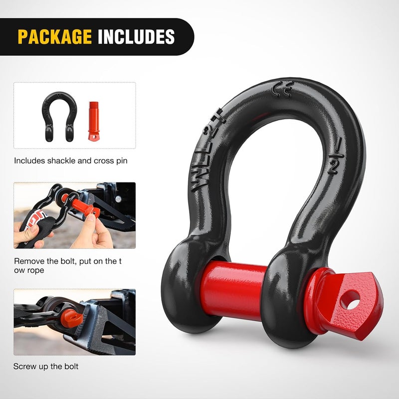 Nilight 4 Pack 1/2" D-Ring Shackle 2 Ton (4409 Lbs) Capacity with 5/8" Pin Heavy Duty Off Road Recovery Shackle with Isolators Washer Kit for Jeep Truck Vehicle, Black Red - Image 4