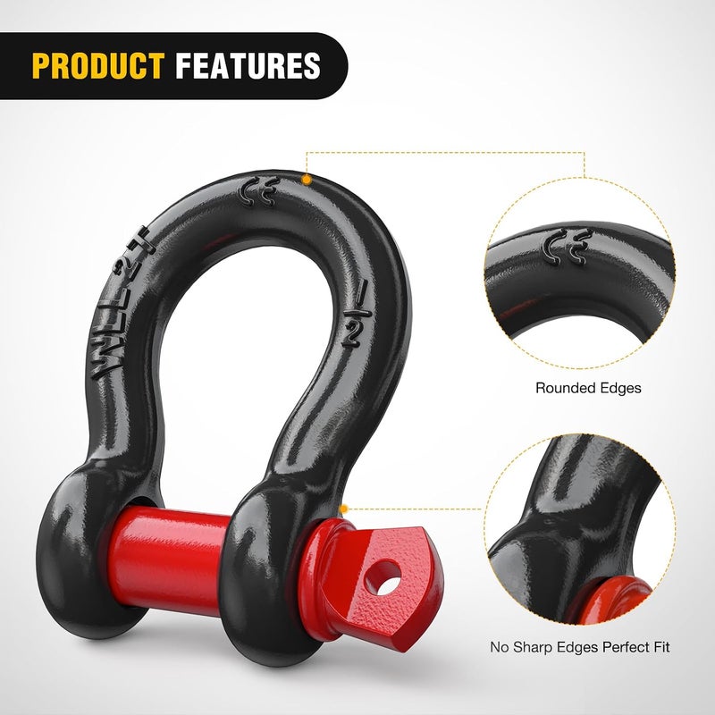 Nilight 4 Pack 1/2" D-Ring Shackle 2 Ton (4409 Lbs) Capacity with 5/8" Pin Heavy Duty Off Road Recovery Shackle with Isolators Washer Kit for Jeep Truck Vehicle, Black Red - Image 5