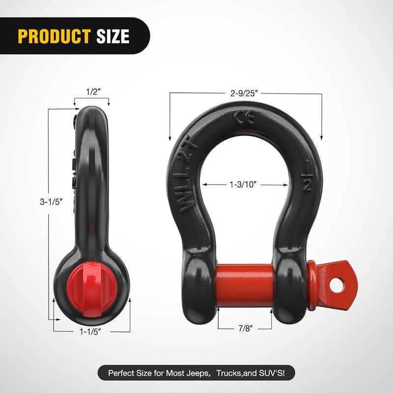 Nilight 4 Pack 1/2" D-Ring Shackle 2 Ton (4409 Lbs) Capacity with 5/8" Pin Heavy Duty Off Road Recovery Shackle with Isolators Washer Kit for Jeep Truck Vehicle, Black Red - Image 2