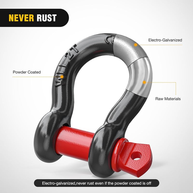 Nilight 4 Pack 1/2" D-Ring Shackle 2 Ton (4409 Lbs) Capacity with 5/8" Pin Heavy Duty Off Road Recovery Shackle with Isolators Washer Kit for Jeep Truck Vehicle, Black Red - Image 3