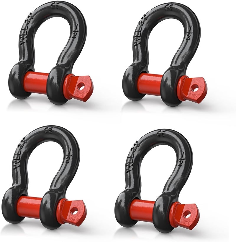 Nilight 4 Pack 1/2" D-Ring Shackle 2 Ton (4409 Lbs) Capacity with 5/8" Pin Heavy Duty Off Road Recovery Shackle with Isolators Washer Kit for Jeep Truck Vehicle, Black Red - Image 1
