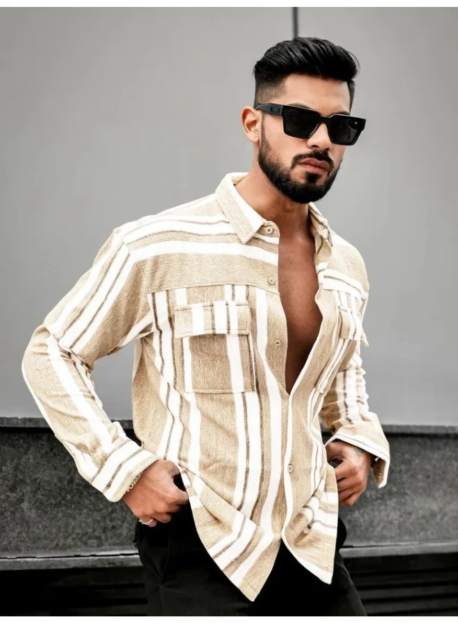 مانياك Maniac Mens Striped Collared Neck Full Sleeve Beige Polyester Blend Shirt