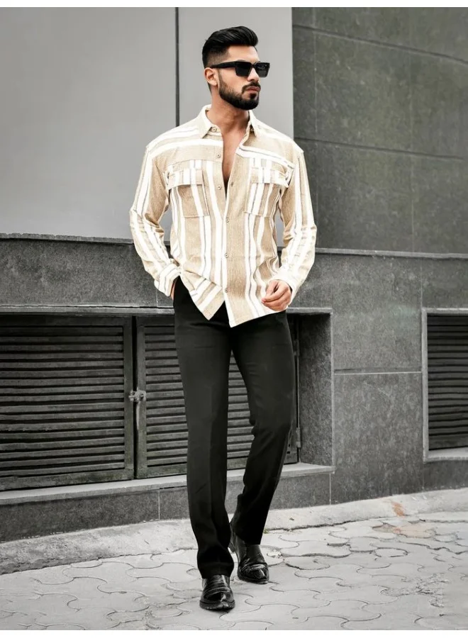 مانياك Maniac Mens Striped Collared Neck Full Sleeve Beige Polyester Blend Shirt