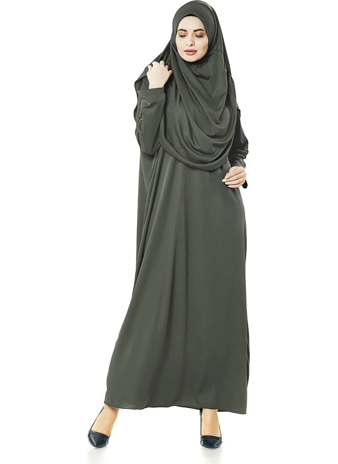 İhvan One Piece Prayer Dress - Khaki - 5015 & Prayer Rug & Zikirmatik - Triple Set