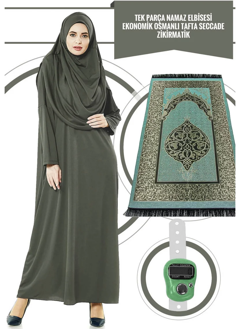 İhvan One Piece Prayer Dress - Khaki - 5015 & Prayer Rug & Zikirmatik - Triple Set