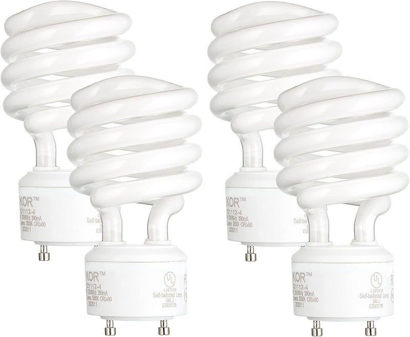KOR KOR Pack of 4 23 Watt Mini Spiral  GU24 Base  100W Equivalent  T2 MiniTwist  CFL Light Bulb Bright White 5000K - Image 1