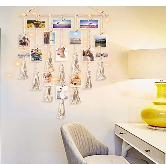Macrame Kn0ts White Wall Photo Hanging with 10 Clips - Bohemian Home Wall Decor and Aesthetic Room Accent, Photos not Included (Light Included) - Image 2