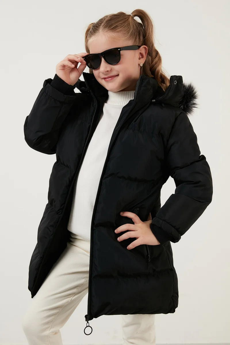 Lela Plush Lined Faux Fur Collar Removable Hooded Winter Coat Girls' Coat 5760072