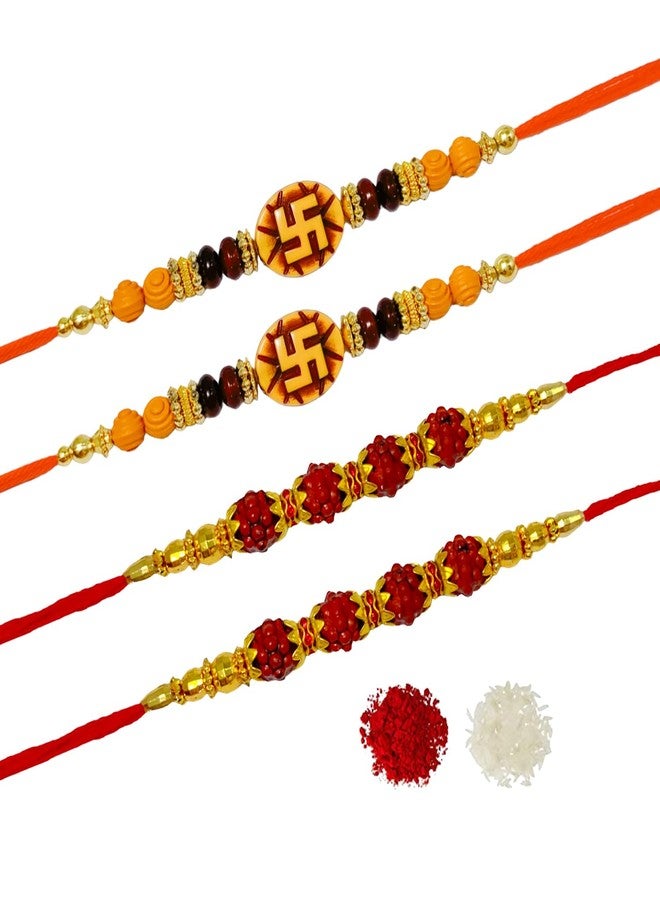Evisha 4 قطع Swastik Rudraksh Rakhi للأخ | راخي لبهاي | راخي لبهية | مجموعة سوار راخي للأطفال 4 راخي كومبو R-11-11-14-14 || راخي للأخ وبهابي