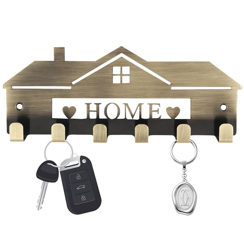 HingeMinds Metal Key Holder for HomeOffice Decor Stylish Wall Mount Keychain Hanger Hooks for Hanging Keys Premium Antique Brass Finish Unique Home Shape Stainless Steel Key Chain Stand 6 Pin - Image 1