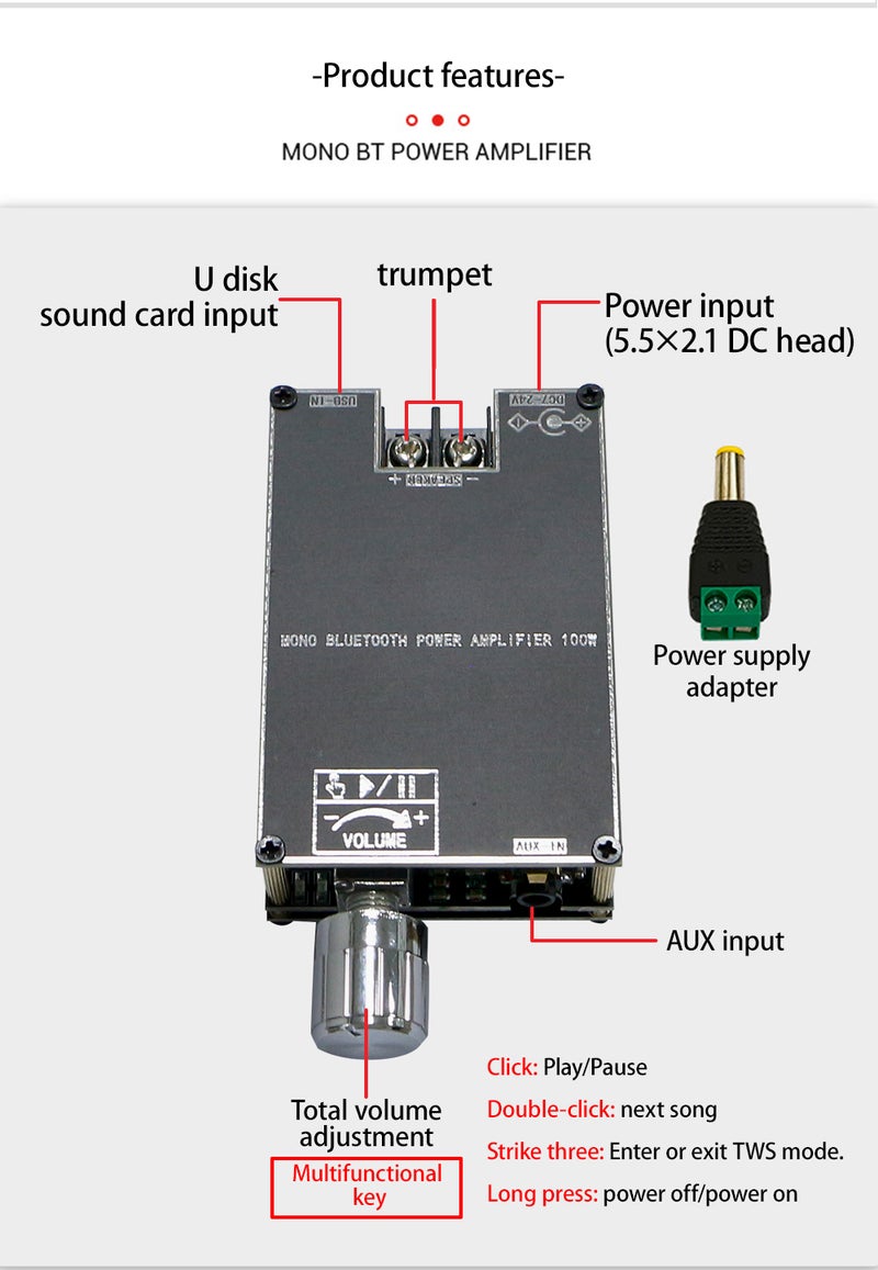 لوحة مضخم الصوت الرقمي بلوتوث ZK-302T 2.0 ستيريو ثنائي القناة 30W+30W مع ضبط النغمة العالية والمنخفضة مع تطبيق - Image 3