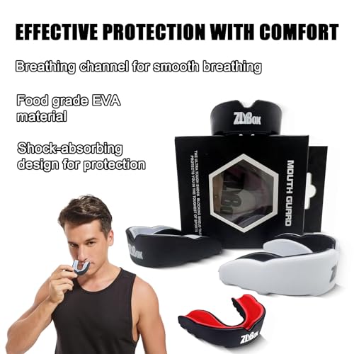 ZLYBox Dual-Layer Sports Mouth Guard for Adults & Youth with Case - Dental Protection for Boxing, Football, MMA, Hockey, Basketball, Lacrosse & All Contact Sports (Black White) - Image 2