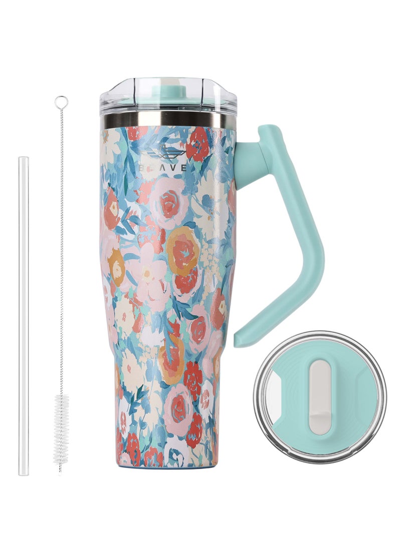 بريف تمب جارد تمبلر ١٢٠٠ml - ١٨/٨ ستانلس ستيل ترافل ماج، ثيرمال كوفي كوب، ٢-إن-١ ليكبروف ليد وذ سترو & روتيتينج هاندل، إنسوليتد هوت & كولد بيفيريج ماج، كار كب هولدر كومباتيبل، ديورابل & ريوسابل كوفي ترافل ماج (جرين روز) - Image 1