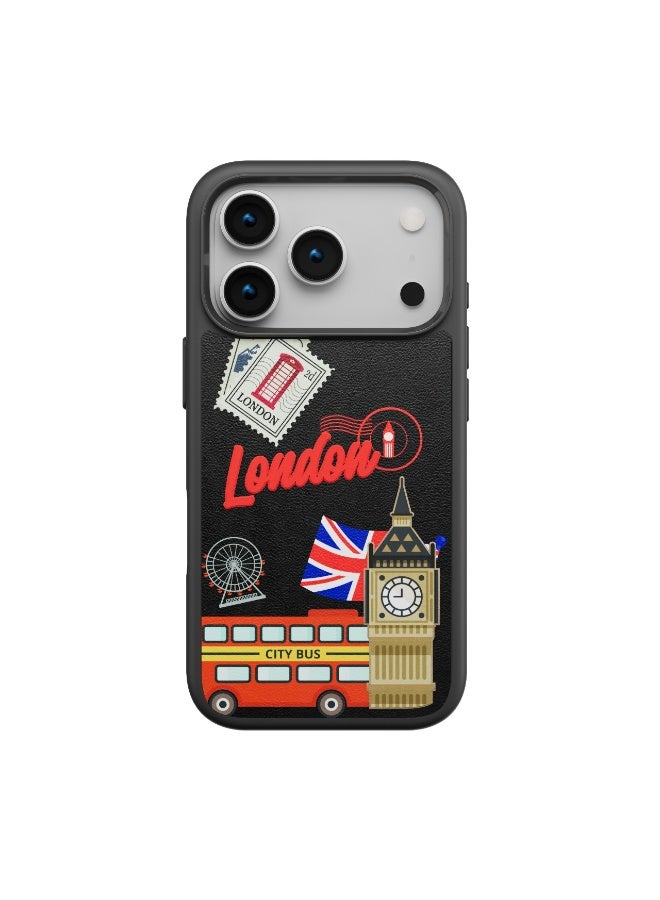 LEVELO Vallo PU leather Case iPhone 17 Pro With London Embroidery Design / Scratch & Wear Resistant / Raised Bezels for Camera & Screen / Shock-Resistant Bumper - Midnight Black - Image 1