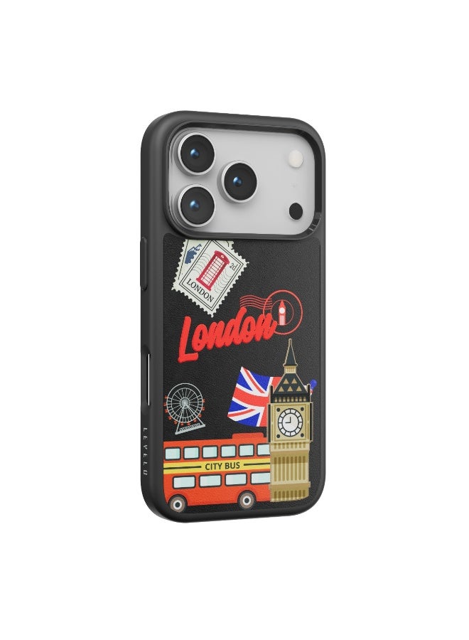 LEVELO Vallo PU leather Case iPhone 17 Pro With London Embroidery Design / Scratch & Wear Resistant / Raised Bezels for Camera & Screen / Shock-Resistant Bumper - Midnight Black - Image 5