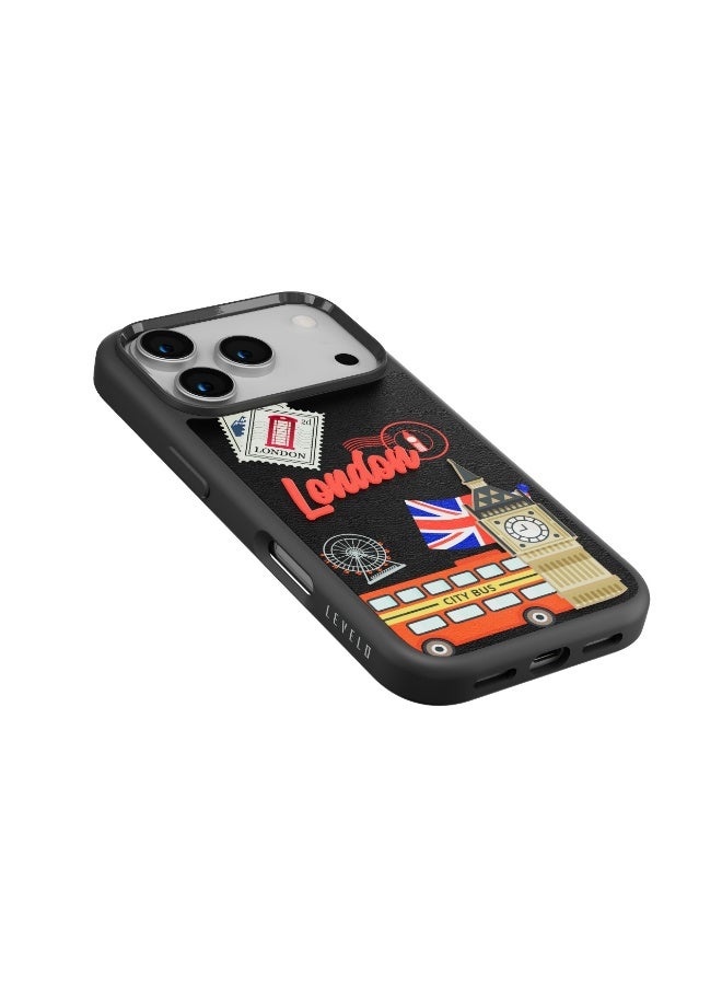 LEVELO Vallo PU leather Case iPhone 17 Pro With London Embroidery Design / Scratch & Wear Resistant / Raised Bezels for Camera & Screen / Shock-Resistant Bumper - Midnight Black - Image 4