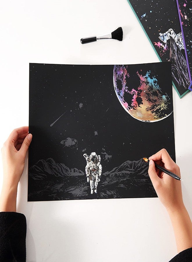VTEAS 3 Pack Scratch Art Paper Set (16"x11.2") Space Series Series Creative Rainbow Sketches Engraving Craft Kit for Kids & Adults - Cosmos, Astronauts, Starry Sky Painting - 5 Tools: Drawing Pens, Brush - Image 3