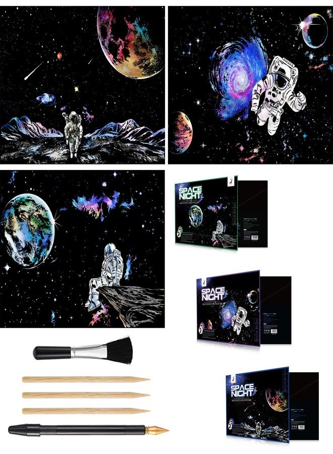 VTEAS 3 Pack Scratch Art Paper Set (16"x11.2") Space Series Series Creative Rainbow Sketches Engraving Craft Kit for Kids & Adults - Cosmos, Astronauts, Starry Sky Painting - 5 Tools: Drawing Pens, Brush - Image 1