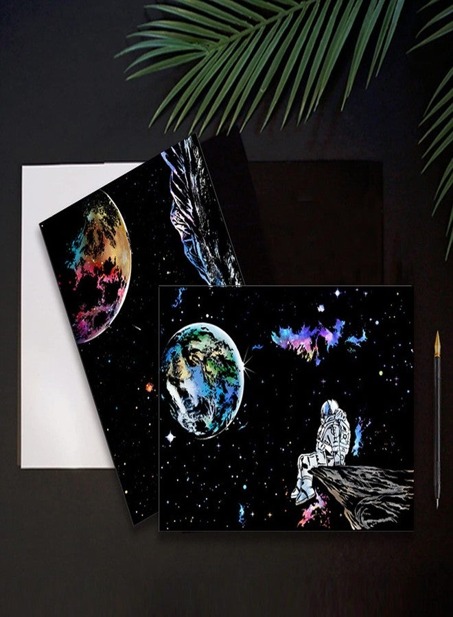 VTEAS 3 Pack Scratch Art Paper Set (16"x11.2") Space Series Series Creative Rainbow Sketches Engraving Craft Kit for Kids & Adults - Cosmos, Astronauts, Starry Sky Painting - 5 Tools: Drawing Pens, Brush - Image 4