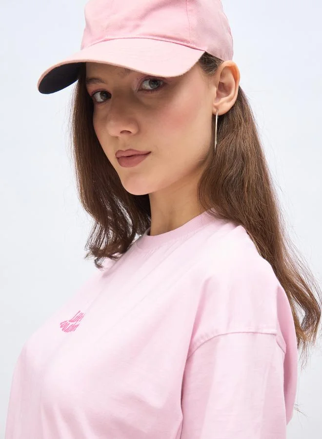 Styli Pink Styli Slogan Print Short Sleeve Oversized T-Shirt for Women | Best Price UAE