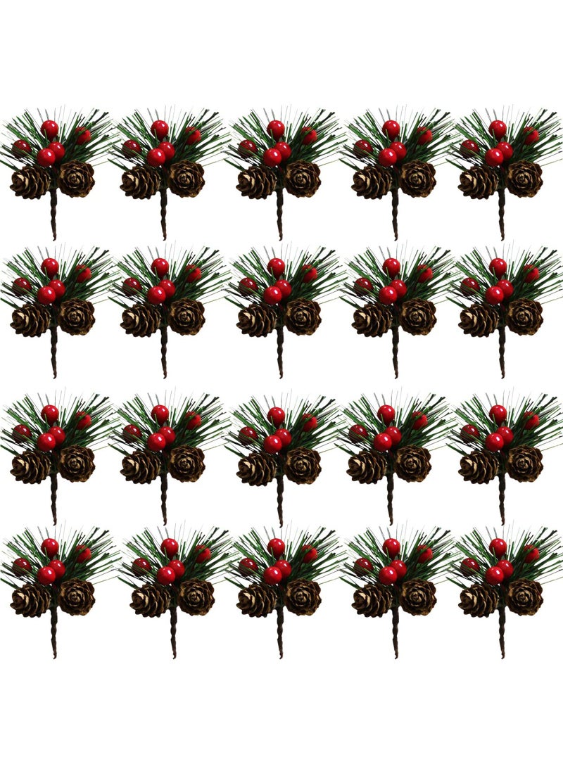 Acronde Acronde 20PCS Artificial Pine Picks Christmas Simulation Pine Needle Small Berries Pinecones for Flower Arrangements Wreaths Wedding Garden Xmas Tree Decorations Red 
