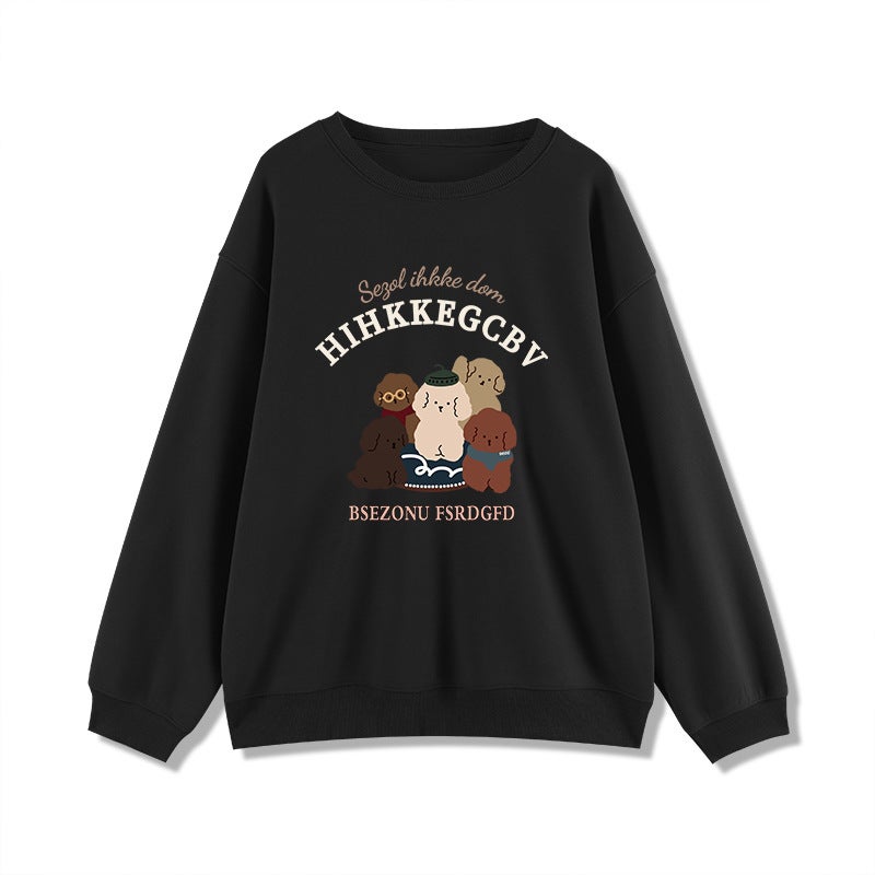 Maillard Wear fleece-lined Round Neck Sweat Womens Autumn and Winter 2024 New Loose Lazy Loose Hood Long Sleeve Top Black velvet and thickened