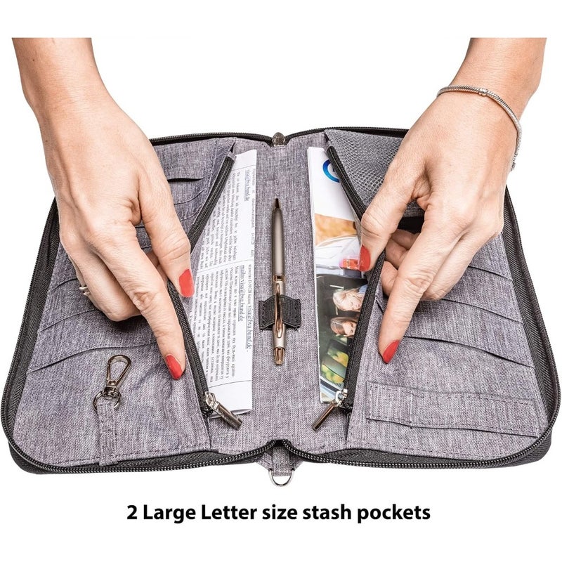 Family travel document organizer in water-resistant gray fabric with RFID protection, holds 6 passports, includes wristlet and crossbody strap for secure on-the-go use - Image 5