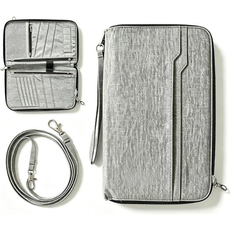 Family travel document organizer in water-resistant gray fabric with RFID protection, holds 6 passports, includes wristlet and crossbody strap for secure on-the-go use - Image 1