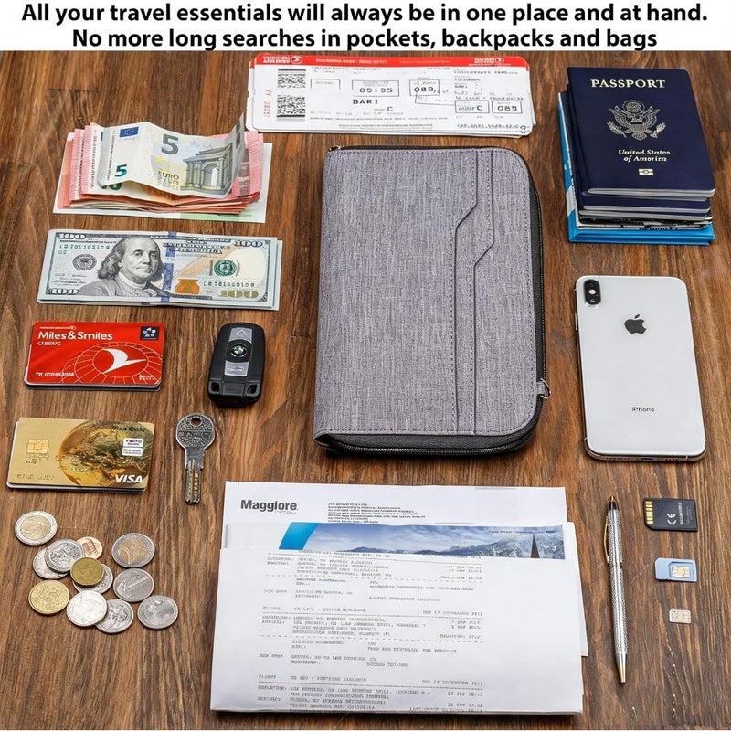 Family travel document organizer in water-resistant gray fabric with RFID protection, holds 6 passports, includes wristlet and crossbody strap for secure on-the-go use - Image 2