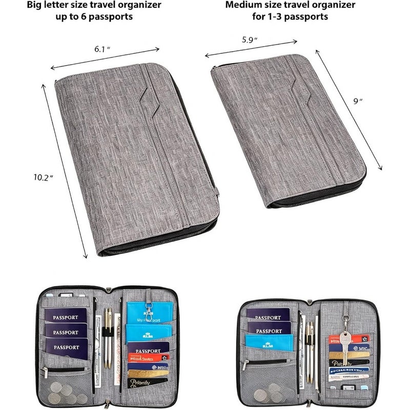 Family travel document organizer in water-resistant gray fabric with RFID protection, holds 6 passports, includes wristlet and crossbody strap for secure on-the-go use - Image 3