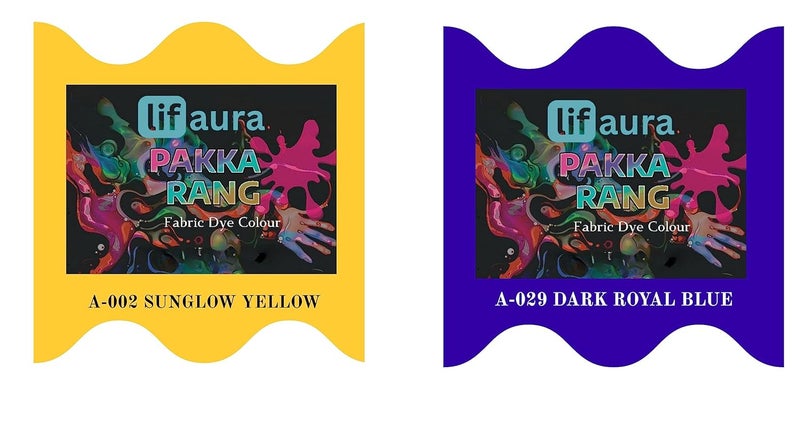 Prokart Lifaura Pakka Rang Fabric Permanent Dye Color Kit Pack of 6 Sachets 5g Each 30g Pack with 30g DyfixerShadeA002 Golden Yellow02 Royal Blue29 Each Color 3 sachets - Image 1