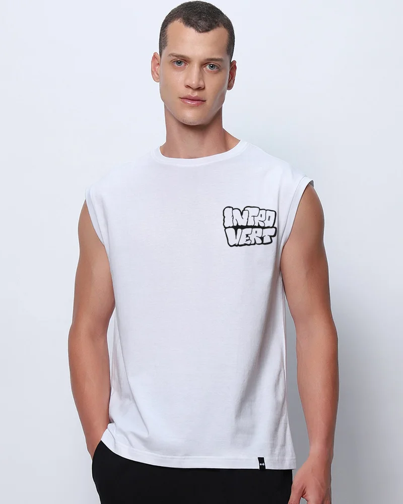 بيواكوف صديري رجالي أبيض بطبعة انطوائي بقصة واسعة