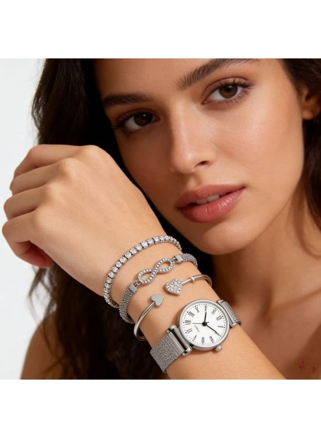 ساعة نسائية، ساعة من سبيكة معدنية بتصميم جامعي، سوار شبكي متعدد الاستخدامات، طقم ساعة وسوار كوارتز نسائي (4 قطع) - Image 4