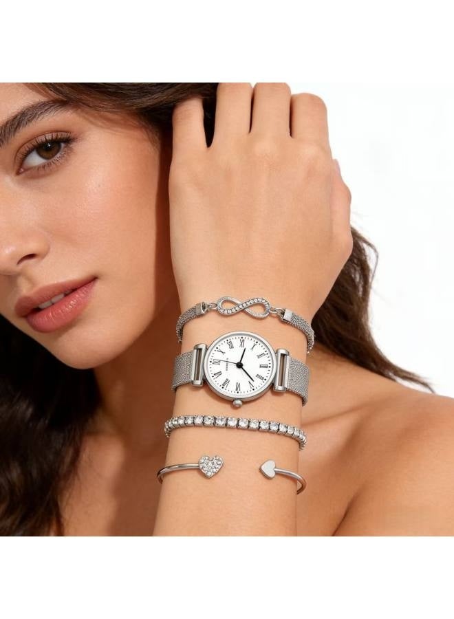 ساعة نسائية، ساعة من سبيكة معدنية بتصميم جامعي، سوار شبكي متعدد الاستخدامات، طقم ساعة وسوار كوارتز نسائي (4 قطع) - Image 2