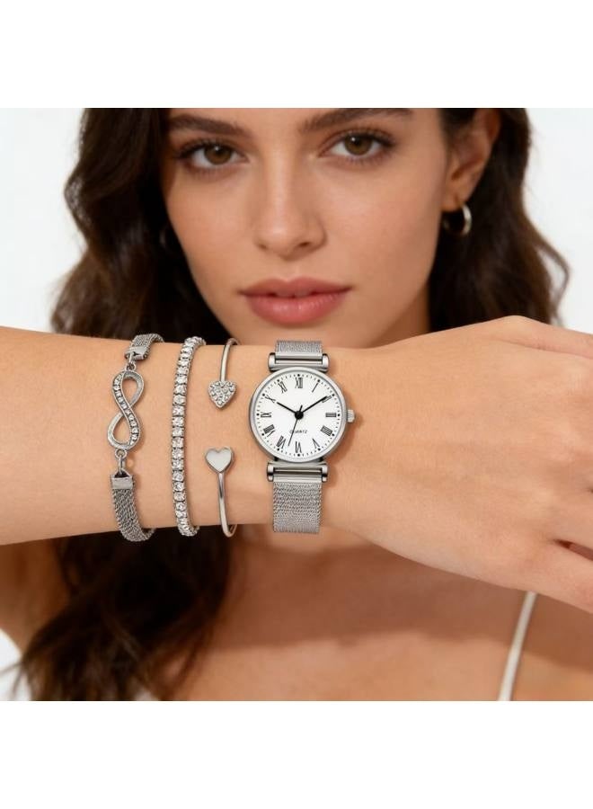 ساعة نسائية، ساعة من سبيكة معدنية بتصميم جامعي، سوار شبكي متعدد الاستخدامات، طقم ساعة وسوار كوارتز نسائي (4 قطع) - Image 3