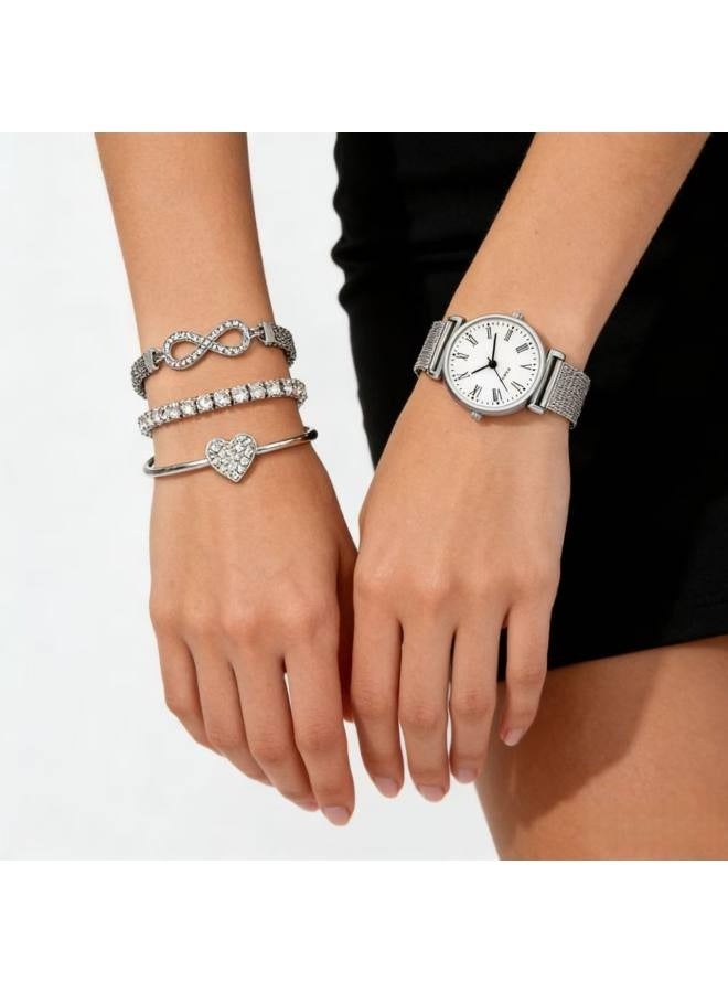 ساعة نسائية، ساعة من سبيكة معدنية بتصميم جامعي، سوار شبكي متعدد الاستخدامات، طقم ساعة وسوار كوارتز نسائي (4 قطع) - Image 5