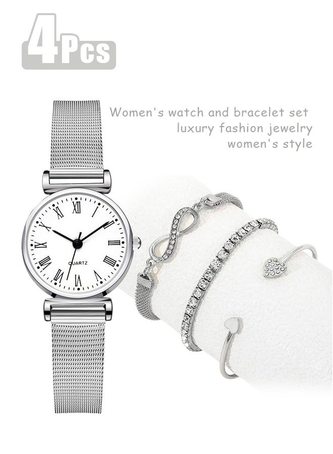 ساعة نسائية، ساعة من سبيكة معدنية بتصميم جامعي، سوار شبكي متعدد الاستخدامات، طقم ساعة وسوار كوارتز نسائي (4 قطع) - Image 1