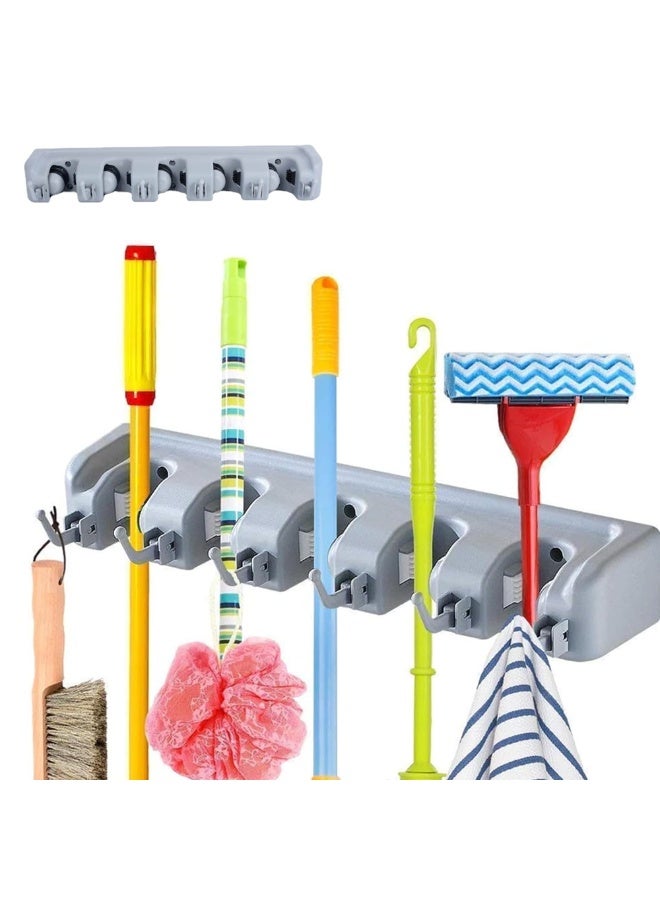 Broom rack wall mounted and garden tool storage rack, closet storage rack, kitchen shelf, home storage rack, and garage storage rack, suitable for rakes or mop handles up to 1.25 inches, with a hanger and 6 hooks (gray) - Image 1