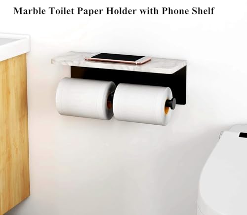 Nodafuer Toilet Paper Holder with Natural Marble Shelf for Bathroom Washroom,Wall Mounted Tissue Holder Suitable for Mega Roll (Matte Black, Large 11.8 * 4.7) - Image 2