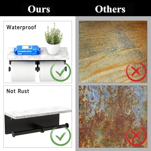 Nodafuer Toilet Paper Holder with Natural Marble Shelf for Bathroom Washroom,Wall Mounted Tissue Holder Suitable for Mega Roll (Matte Black, Large 11.8 * 4.7) - Image 5